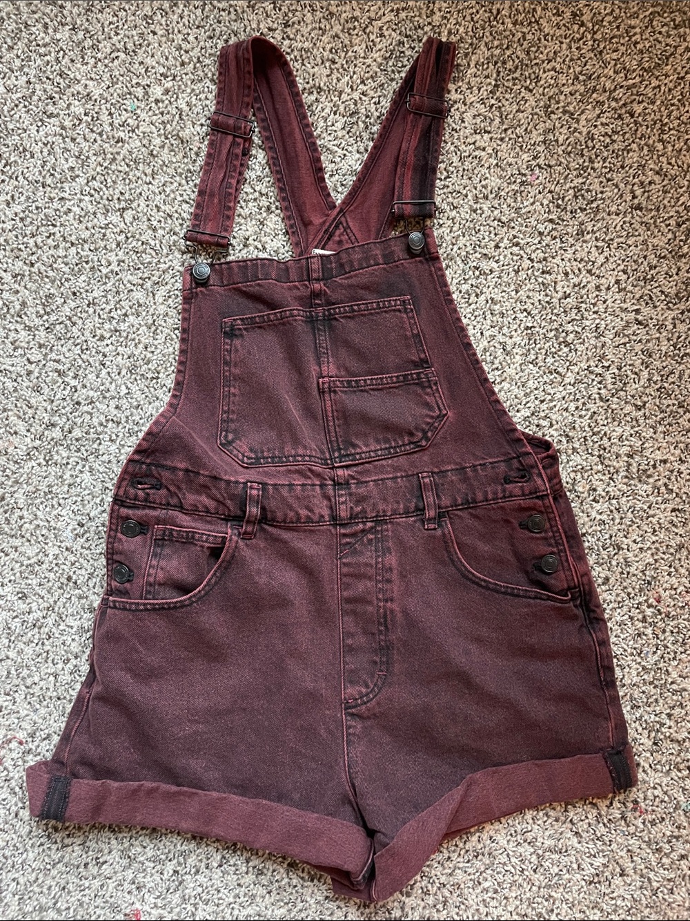 We The Free Free People Burgundy Ziggy Denim Short Overalls